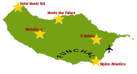 Map of Madeira with hotel indications